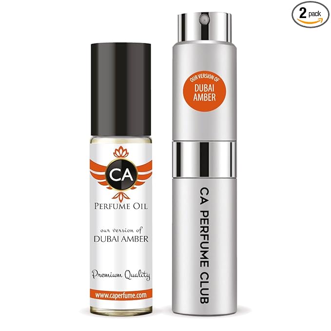 CA Perfume Duo Impression of Dubai Amber For Women And Men Perfume Layering Set Long Lasting Travel Size EDP + Body Oil Roll-On Bottle 0.27 Fl Oz+0.33 Fl Oz