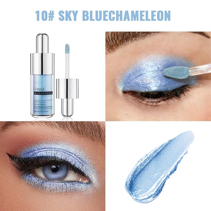 Ocean Blue Shimmer Liquid Eyeshadow, High Pigment Blendable Eye Makeup for Older Women, Long Lasting Lightweight Travel Friendly Buildable, Suitable for All Eye Shapes, Glitter Finish 10#