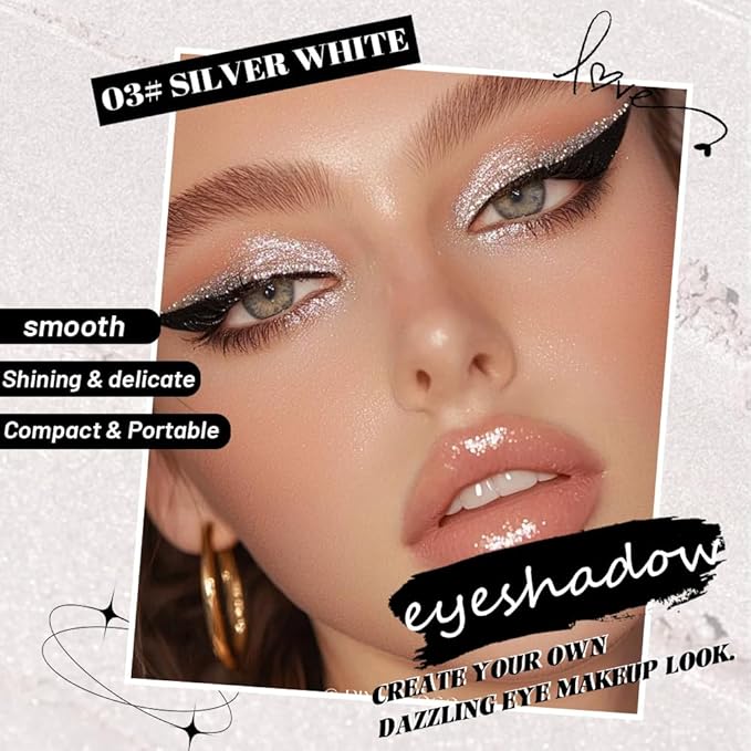 WanTuoluo Sparkly Eyeshadow Palette for Women, Single Monochrome Eye Shadow Makeup, Shiny Pressed Cream Powder, Blendable Natural sombras para ojos, Holographic,Vegan,Travel (03-Glitter-Silver White)