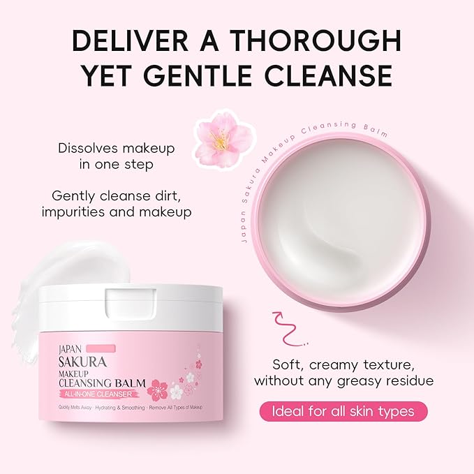 Cleansing Balm Makeup Remover with Japan Sakura Extracts, Hyaluronic Acid, Nourishing Melting Cleanser, Non-Greasy, Cleanses, Removes Makeup & Moisturizes Skin, All-in-One Facial Cleanser