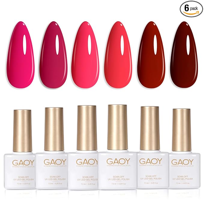 GAOY Red Hot Pink Gel Nail Polish Set, 6 Colors Neon Soak Off UV Light Cure Gel Polish Kit for Salon and Nail Art DIY at Home