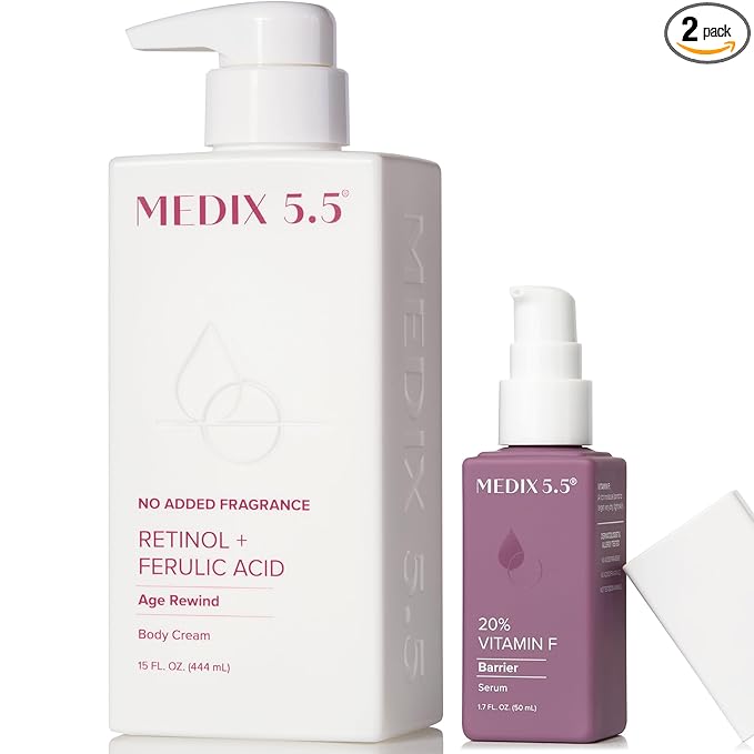 MEDIX Retinol Body Lotion + 20% Vitamin F Serum Booster Moisturizer 2PC Skin Care Set | Crepey Skin Care Treatment | Retinol Body Cream Targets Appearance Of Sagging Crepe Skin & Wrinkles, 2PC Set