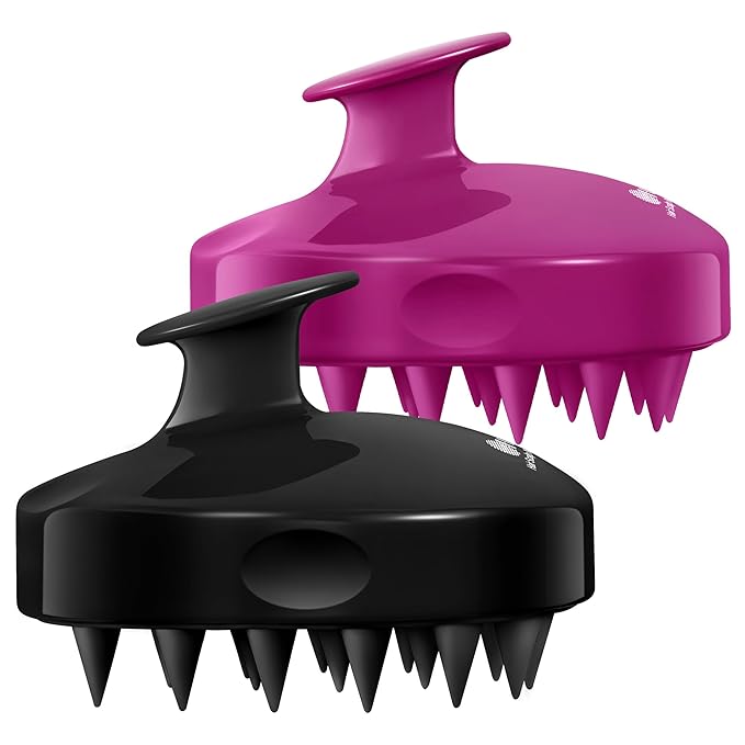 HEETA Hair Scalp Massager Shampoo Brush 2 Pack, Soft Silicone Bristles to Remove Dandruff, Waterproof Hair Scrubber for Both Wet Dry Use, Suitable for Men & Women (Black & Purple)