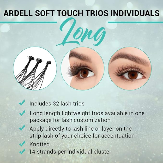 Ardell Individual Lashes False Eyelashes Soft Touch Trios - Long Black, DIY Lash Clusters, Reusable Eyelash Extensions, 4 Pack