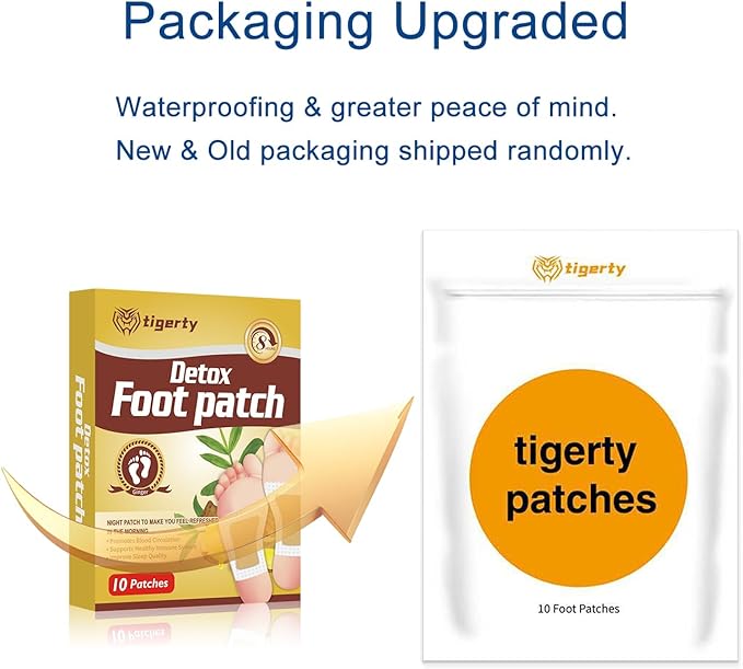 tigerty Foot Patches (10 Pieces), deep Cleansing Foot Patch, Natural Bamboo Vinegar Ginger Powder Foot Care sitckers, Adhesive Patches, Relaxation, Stress Relief, Better Sleep, 10 Pieces (1 Pack)