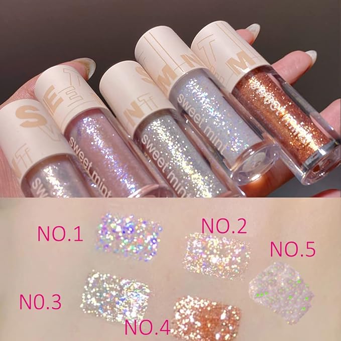 Aolailiya 5pcs Liquid Glitter Eyeshadow set- Sparkling Metallic High Pigmented Glitter Eye Shadow Korean Crystals Makeup, Quick Drying Long Lasting Creates High-Impact Multi Dimensional Eye Looks