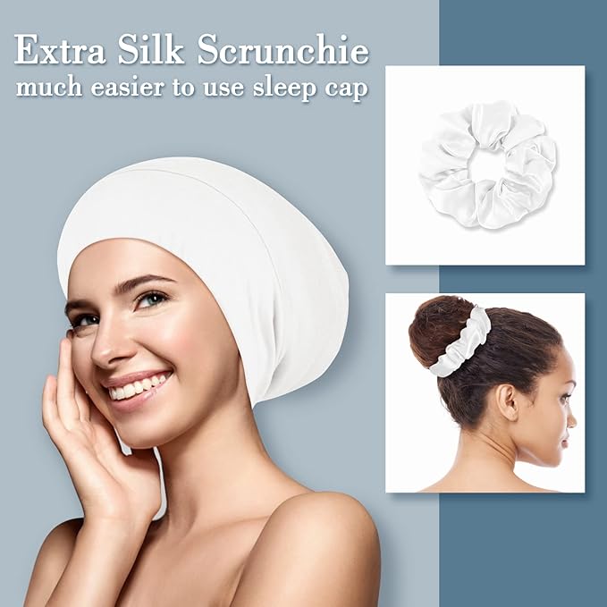 LULUSILK Mulberry Silk Bonnet for Sleeping Women, Real Silk Sleep Cap for Curly Hair and Braids, Pure Silk Head Wrap with Scrunchies, White