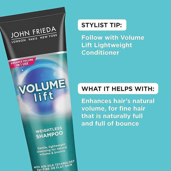 John Frieda Volume Lift Weightless Shampoo, Lightweight Volumizing Shampoo with Air-Silk Technology for Fine or Flat Hair, Adds Natural Fullness, Safe for Color-Treated Hair, 8.45 Oz (Pack of 2)