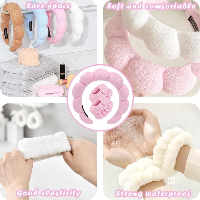 Tetizo Spa Headbands for Washing Face Wristband Set Sponge Makeup Skincare Headband Wrist Towels Bubble Soft Terry Towel Cloth Hairband for Women Puffy Headwear Non Slip Thick Hair Headwear (Pink)