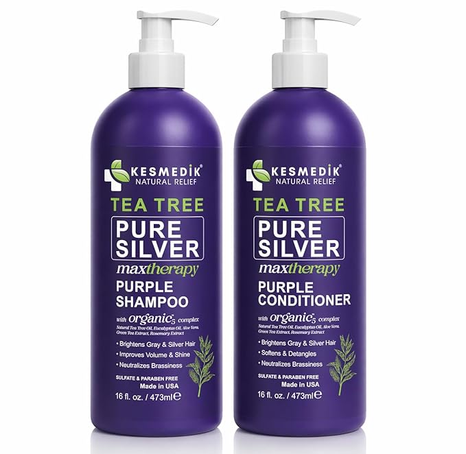 KESMEDIK Tea Tree Purple Shampoo & Conditioner Set with Rosemary & Aloe, Professional Anti Brass Toner, Removes Yellow Tones for Gray, Bleached, White & Blonde Hair, Refreshes Scalp, Sulfate-Free