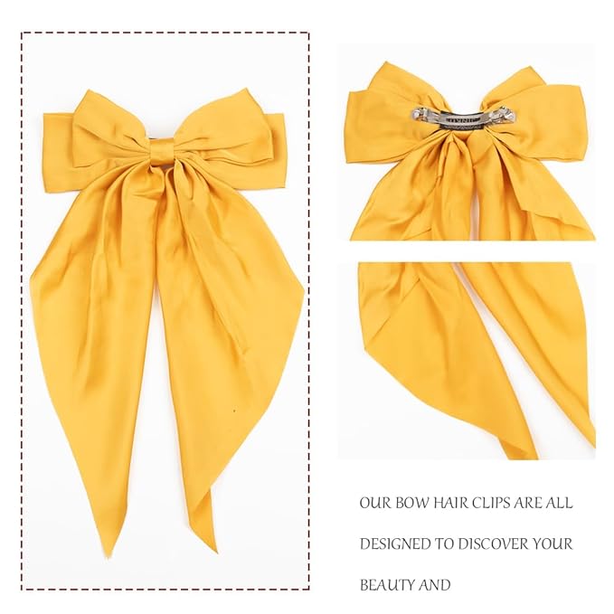Silky Satin Oversized Long-tail Bow Clip, Large yellow Hair Bow for Women Girl, Hair Accessories with Long Tail, 1Pcs