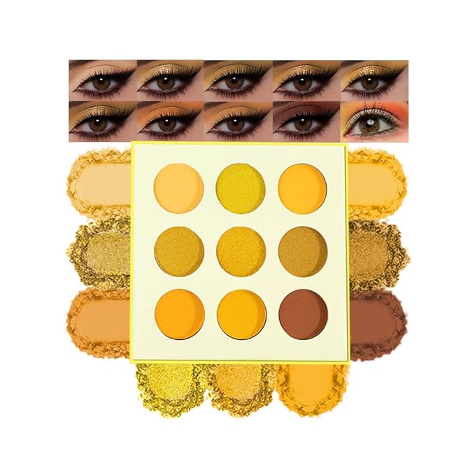 Yellow Gold Matte Shimmer Eyeshadow Palette, 9 Color High Pigment Blendable Long-Lasting Travel Size Eye Shadow Makeup for Older Women, Sombras para ojos, Daily Looks, Vegan & Cruelty-Free 04#