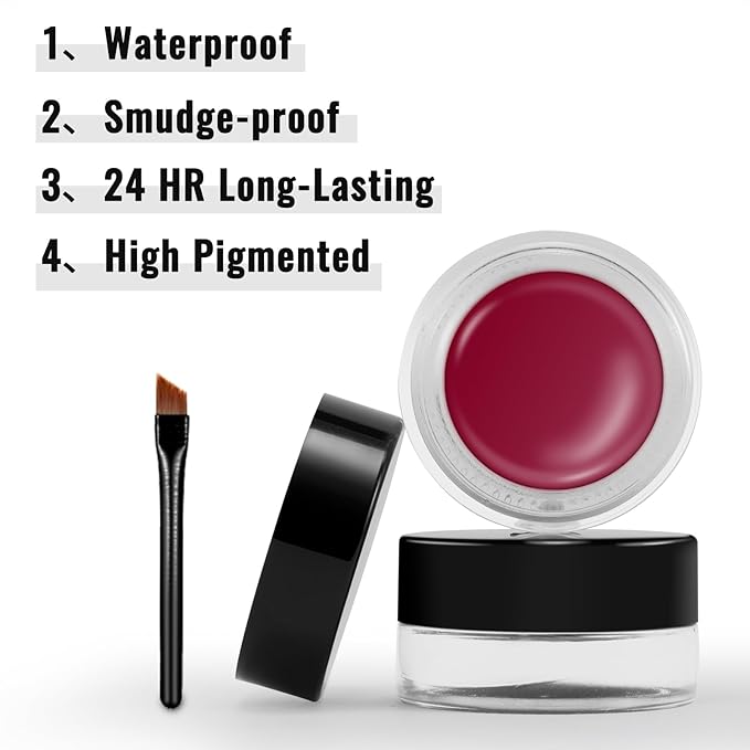 Erinde Burgundy Gel Eyeliner, Waterproof Cream Eyeliner Gel Pot, High-Intensity Pigments Long Lasting Smudge Proof Eye Liner Eyebrow Makeup, Waterline Matte Eye Liner with 2PCS Brushes, B09 Burgundy
