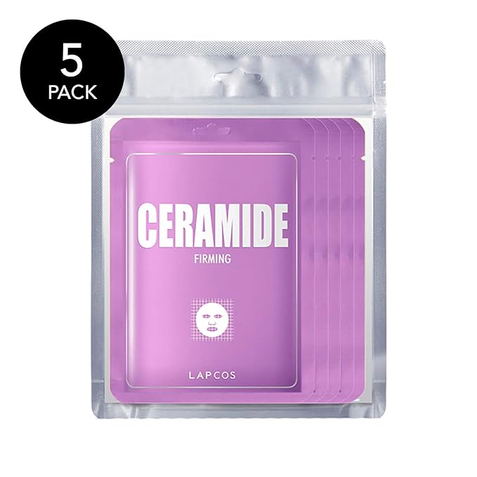 LAPCOS Derma Ceramide Sheet Mask - Hydrating & Firming Face Mask with Althaea Flower Extract for Dull Texture & Skin Barrier Repair - Highly Breathable TMF-Cell Sheet - Korean Skin Care (Pack of 5)