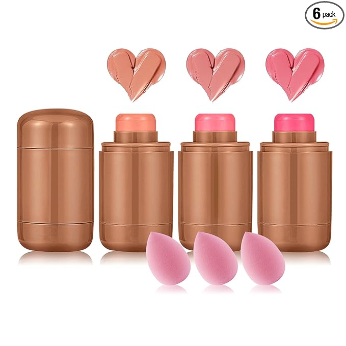 3 Colors Blush Stick with Makeup Sponges,Matte Solid Cream Blush,Multi-Use Blush Stick for Cheeks,Lips and Eye,High Pigmented Makeup Sticks Set A1
