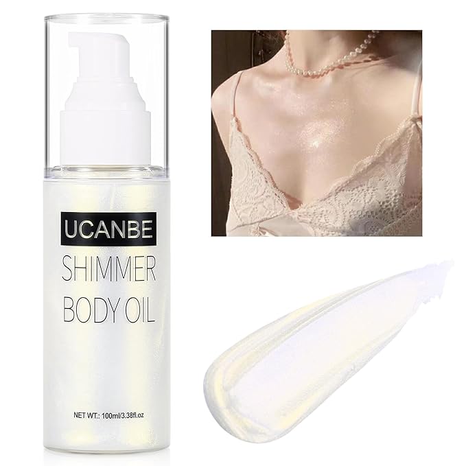 UCANBE Body Shimmer Oil 100ml, Moisturizing Face Body Glow Glitter Oil, Waterproof Shimmering Luminizer Liquid Illuminator Highlighter, Tinted Shimmer Lotion Glowing Bronzer Makeup(Silver)