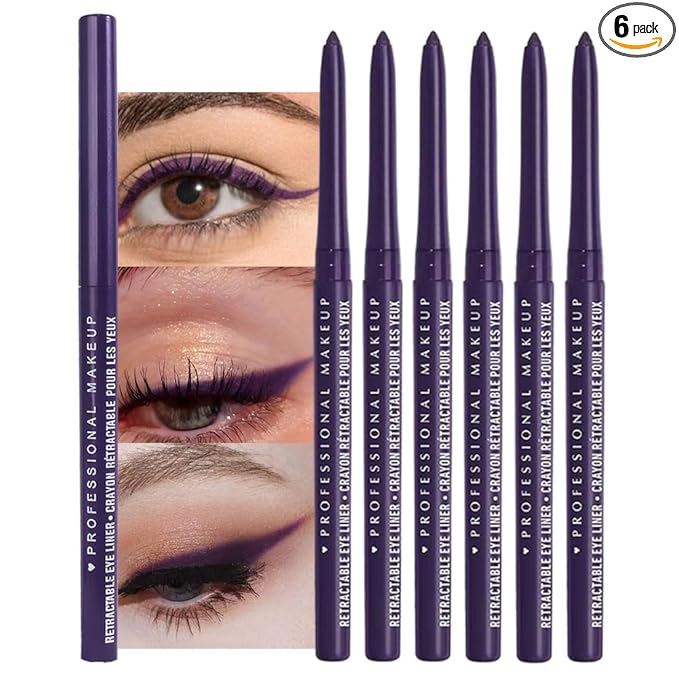 Retractable Creamy Eyeliner Eyeshadow Sticks for Eye Makeup, Ultra Pigmented Mechanical Eye Pencils, Smudge Proof Matte Satin Finish Formula, Longlasting, Vegan & Cruelty-Free (6 Pcs-Purple-08)