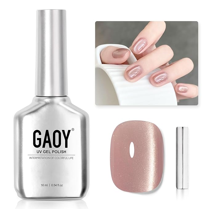 GAOY Glassy Cat Eye Gel Nail Polish, 16ml Glitter Holographic Nail Polish with Magnet, Reflective Translucent UV Gel, 2062 Pale Blush
