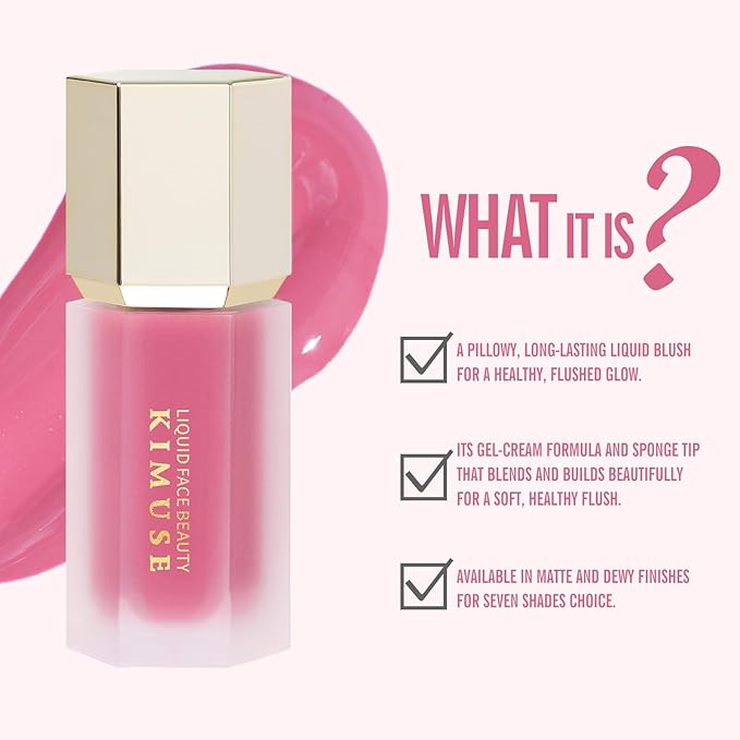 KIMUSE Liquid Blush, Long-Wearing Pigmented Soft Cream Face Blush, Waterproof, Smudge Proof, Dewy Finish