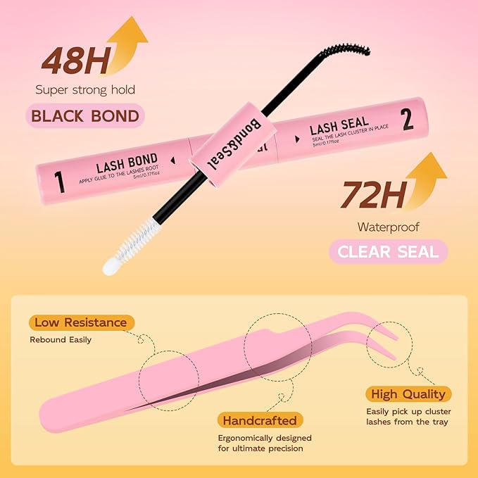 QUEWEL DIY Lash Extension Kit, 280 Pcs Lash Clusters Kit 40D Individual Lashes Eyelash Extension Kit with Lash Bond and Seal Lash Tweezers (LSTZ-40D)