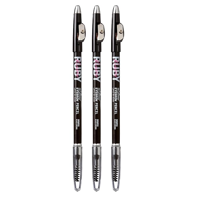 Ruby Kisses GoBrow Eyebrow Pencil, Sharpenable, Longwear, Long Lasting Eyebrow Wooden Pencil for Natural-Looking Brows 3 Pack (Black Brown)