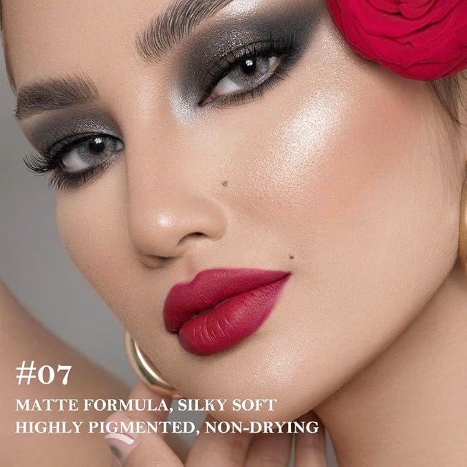 evpct Plum Red Gradient Matte Lipstick Lip Liner Crayon Combo Pencil Set for Women Long Lasting Waterproof, Rich Plum Matte Cream Lip Liner and Lipstick Combo Makeup Flawless Gradual Ombre Effect, A07