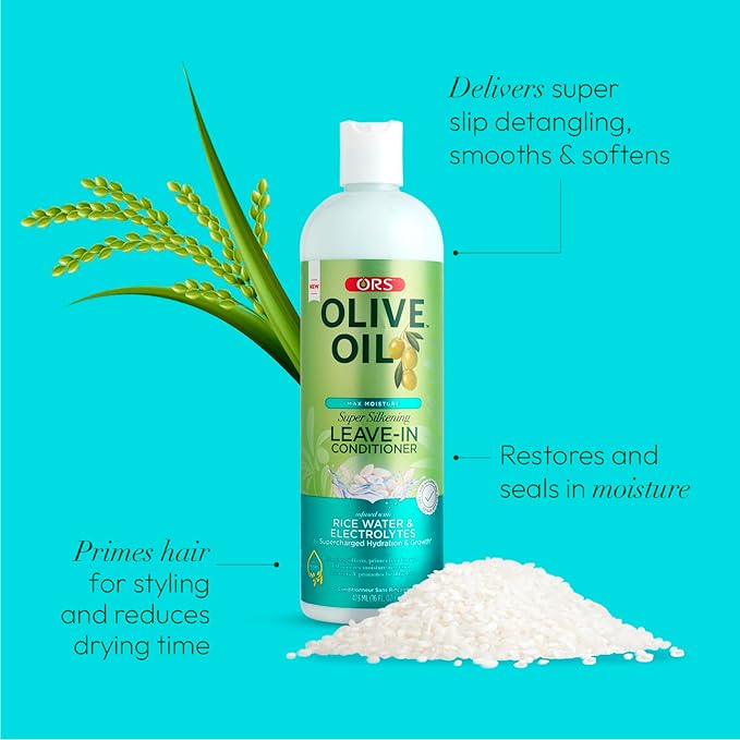 ORS Olive Oil Max Moisture Leave-In Conditioner with Rice Water and Electrolytes for Supercharged Hair Hydration 16.0 Ounces (Pack of 4)