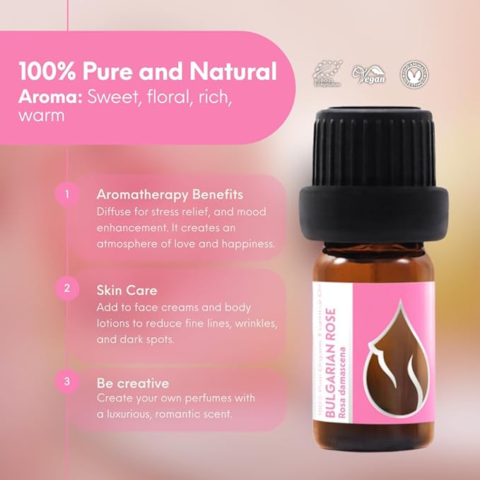 Essences Bulgaria Organic Rose Essential Oil 1/6 Fl Oz | 5ml | Rosa Damascena | 100% Pure and Natural | Undiluted | Therapeutic Grade | Family Owned Farm | Steam-Distilled | Non-GMO | Vegan