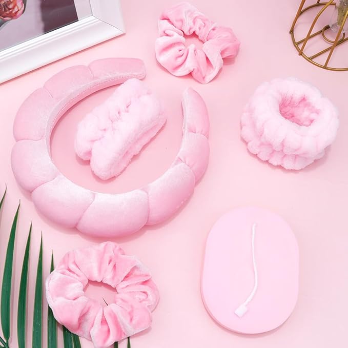 SPA Headbands for Washing Face Makeup Scrunchies Hair Tie Hair Band Women Facial Head Band Wrist Towel Wraps For Shower Face Mask Pink, 6 Pack