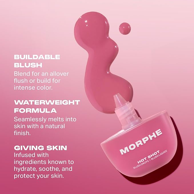 Morphe Hot Shot Blush Drops - Hydrating, Buildable Liquid Blush for Cheeks with Niacinamide and Antioxidants- Buildable, Waterweight Formula for a Natural Finish - Natural Heat (0.5 Fl Oz)