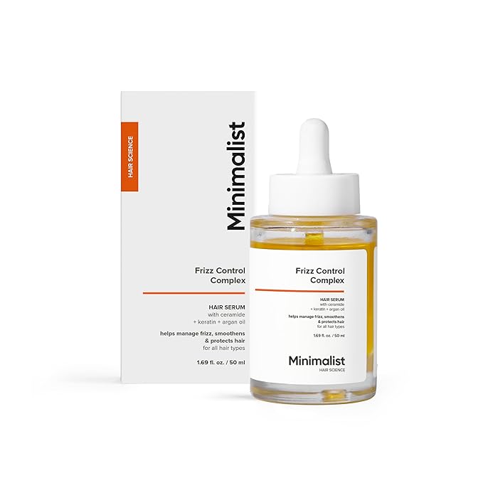Minimalist Frizz Control Serum with Keratin, Argan Oil & Ceramide | Smooths, adds shine, controls frizz & protects from heat and UV Damage | For all hair types | 1.69 fl oz / 50 ml