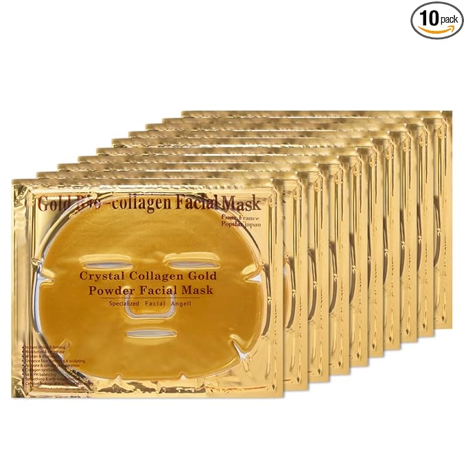 Collagen Facial Masks (10-Pc) - Vegan Gold Facial Mask - Anti Aging,Puffiness, Moisturizing, Deep Tissue Rejuvenation and Hydrates Skin