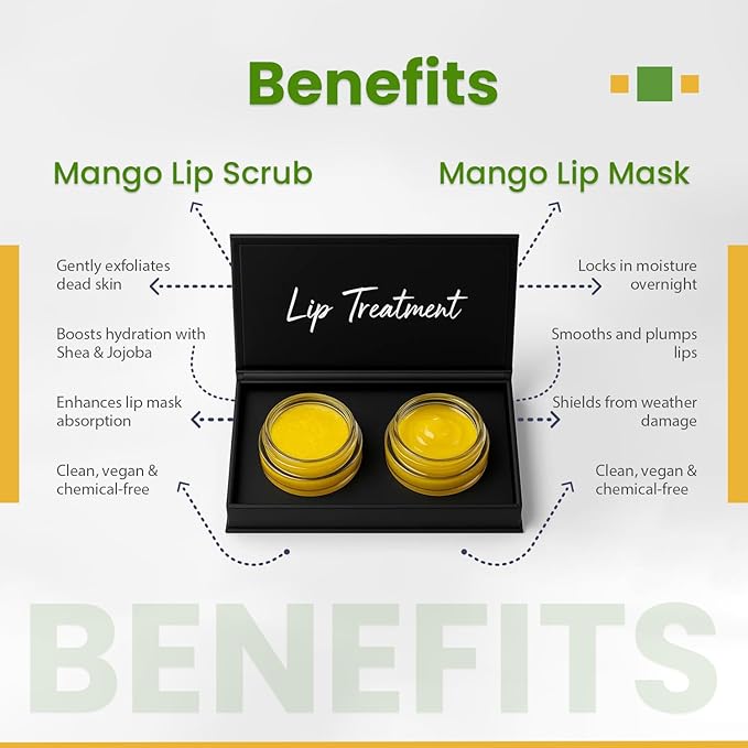 Mango Lip Mask & Scrub Duo – Hydrating & Exfoliating Lip Care with Omega Fatty Acids, Organic Oils & Organic Shea Butter – Soft, Smooth, Plump Lips – Vegan & Paraben-Free, No Nasties