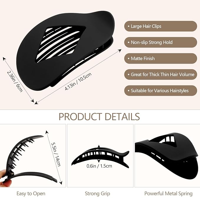 Atoden Large Flat Round Hair Clips Oval Claw Clips for Thick Medium Thin Hair 6Pcs Non Slip Strong Hold Barrettes Duckbill Accessories for Women Girls Matte Black Color