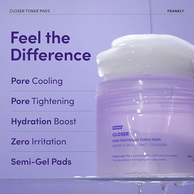 FRANKLY Pore Closer Toner Pads l Rice Jelly Pads with 9 Peptides, Vegan Collagen, Rice Extract l Pore Minimizer l Hydrating for All Skin Types l Korean Skin Care | 70 Count