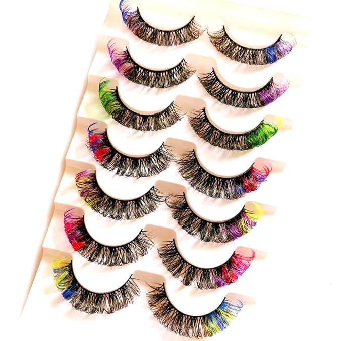 Sunniess Ombre Colored Lashes Silk Protein Fluffy Wispy Volume Fake Lashes for Halloweens Cosplay Party Stage Russian D Curl Lashes with Color Make up Faux Mink False Eyelashes
