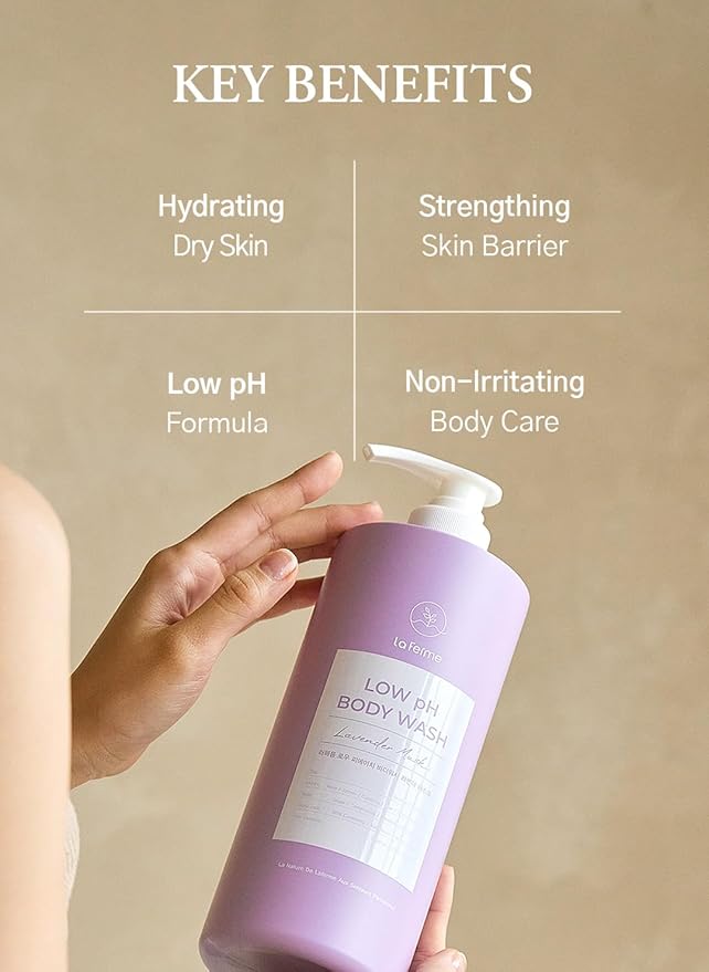 laferme Low pH balanced Gentle Korean Body Wash with Natural & Organic Ingredients, Hypoallergenic for Sensitive Skin, Moisturizing & Hydrating for Dry Skin, For Women & Men, 33 Fl Oz, Lavender Musk