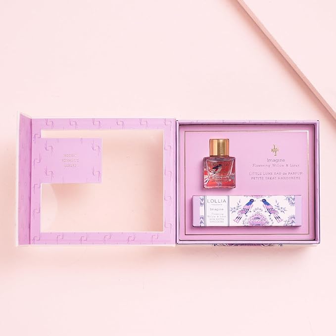 LOLLIA Imagine Fragrance Story Gift Set – .16 fl. oz. Eau de Parfum & .33 oz. Petite Treat Handcreme – Flowering Willow & Lotus – Hand Cream for Women, Travel Size Perfume, Hand Lotion for Dry Hands