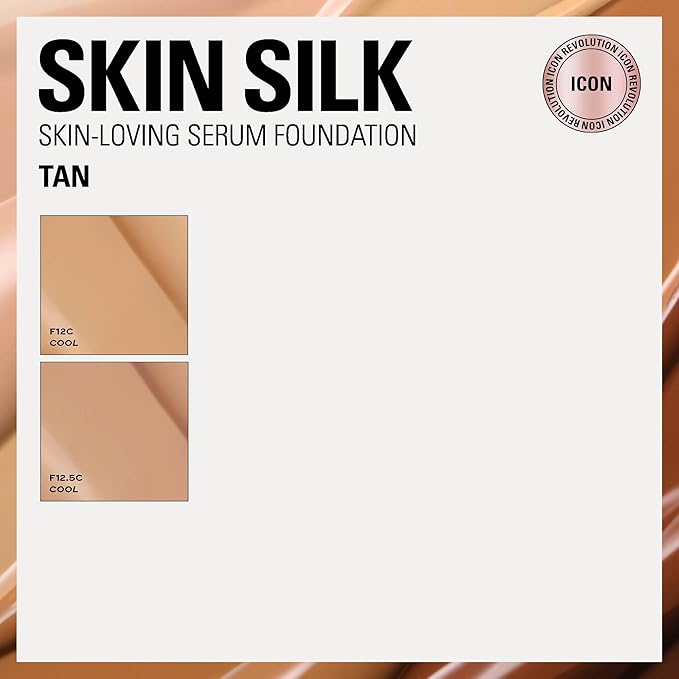 Revolution Skin Silk Radiant Satin Serum Foundation, Buildable Coverage with Hydrating Hyaluronic Acid for a Natural Finish, Vegan & Cruelty-Free, F12.5C Tan Skin Tones, 0.77 fl oz