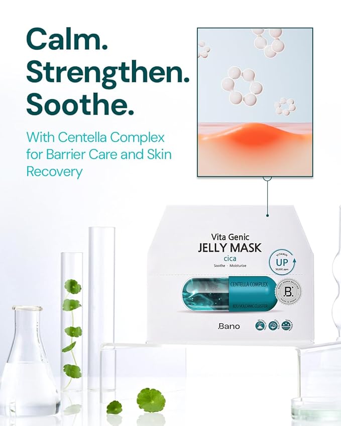 Bano Vita Genic Jelly Face CICA Mask 10EA – Soothing & Hydrating Sheet Mask for Sensitive Skin, Korean Glass Skin Care with Centella, Vitamin C, Biotin & Niacinamide, Fragrance-Free, Pack of 2