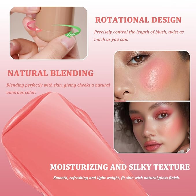 Cream Blush stick, Natural-Looking Matte Finish Makeup Blush stick, Hydrating Long Lasting Lightweight Blendable Blush for cheeks (#2 Bright Pink, 1 PC)
