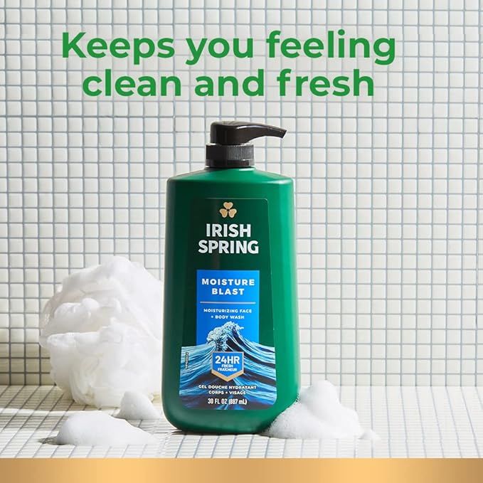 Irish Spring Mens Body Wash, Moisture Blast Body Wash for Men, Feel Fresh All Day, 30 Oz Pump Bottle (Pack of 2)