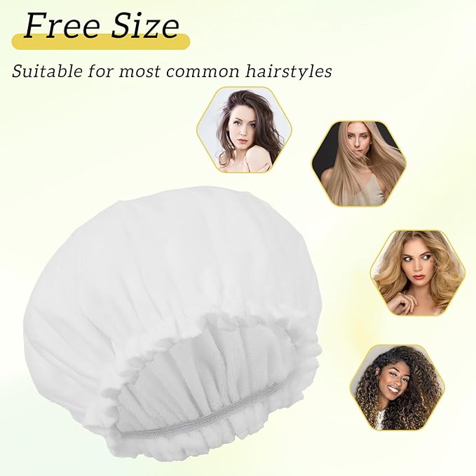Reusable Shower Caps for Women Waterproof Double Layer Bath Cap Terry Lined Shower Cap with Elastic Large Bath Hair Caps for All Hair Lengths for Women Spa Home Salon Use(White)
