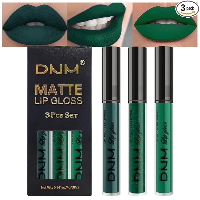 evpct 3Pcs Dark Deep Forest Green Shimmer Matte Liquid Lipstick Lip Stain Sets for Women Matte+Lipstick Long Lasting Waterproof Permanent 24 Hours Magic Lipstick 24 Hours original, Set23