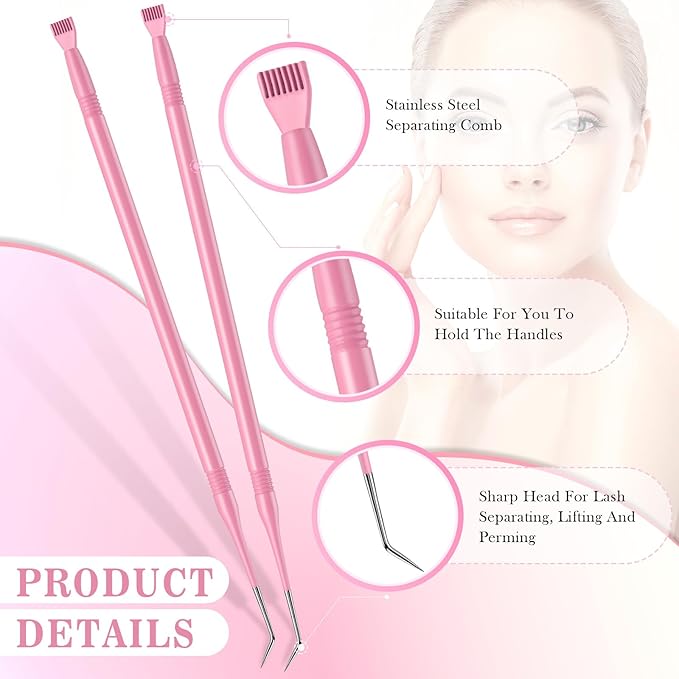 Chumia 2 Pcs Lash Lift Tool, Lash Separator Tint Stainless Steel Metal Lift Rods Beauty Tool with Comb for Eyelash Eyebrow Perming Tinting Curling Extensions Supplies (Pink)