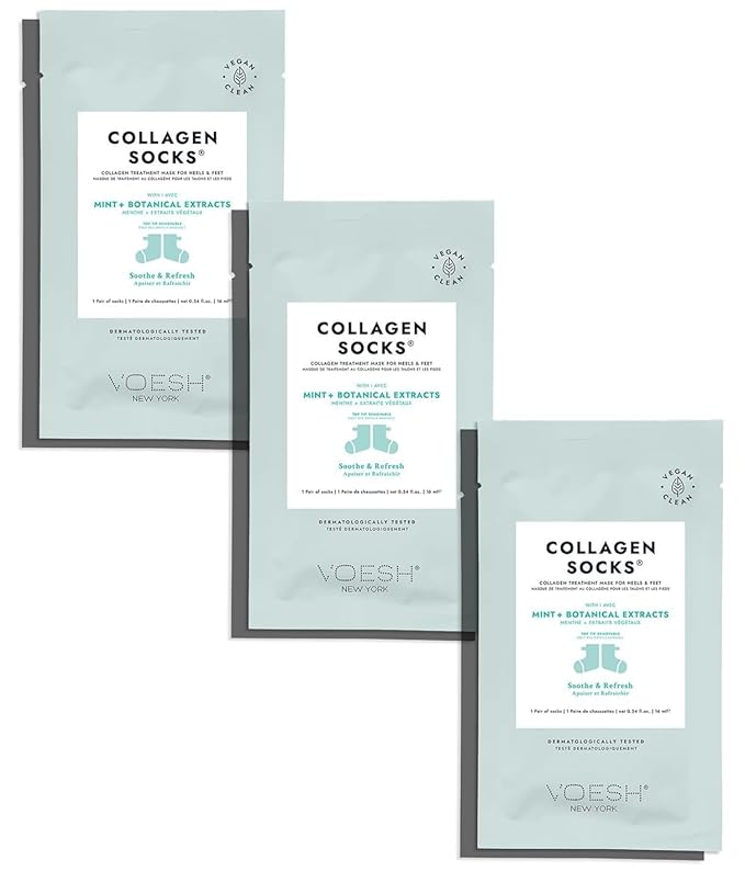 VOESH Collagen Socks, Collagen Socks for Dry Feet, 3 Pack, Peppermint Oil, Cracked Heel Repair, Moisturizing Socks, Spa Pedicure Treatment, Spa Socks, Foot Peel Masks, Vegan