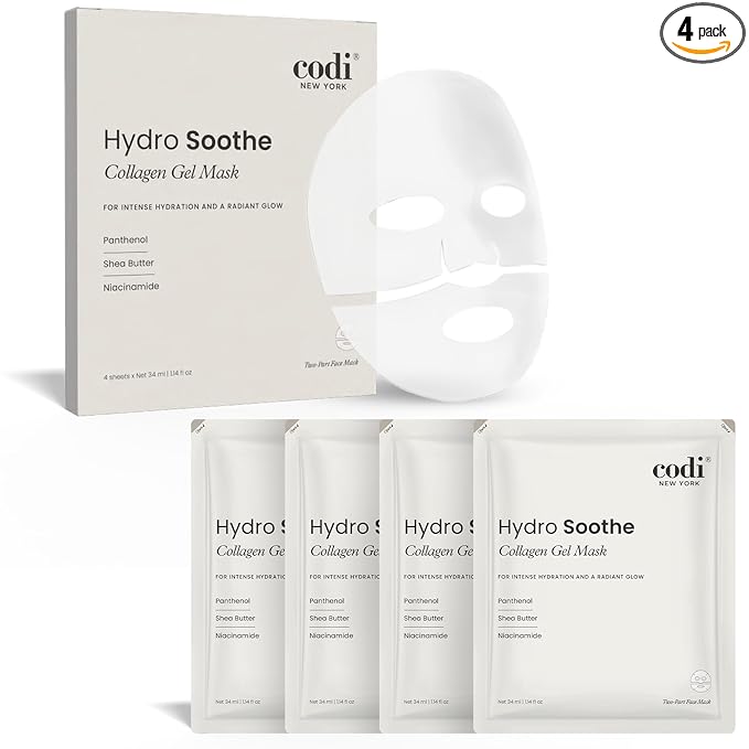 Collagen Gel Mask, Hydrogel for Reducing Redness, Sunburn & After Sun Care, Hydration, Soothing, Moisturizing, Made in Korea, 4 Sheets (Hydro Soothe)