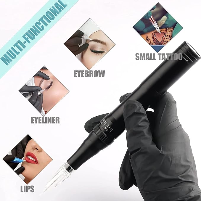 Permanent Eyebrow Makeup Tattoo Pen Kit for Eyebrow Lip Eyeliner Tattoo Machine with 700mAh Wireless Battery 15 pcs Cartridge Needles Microblading Supply(Black Tattoo Kit)