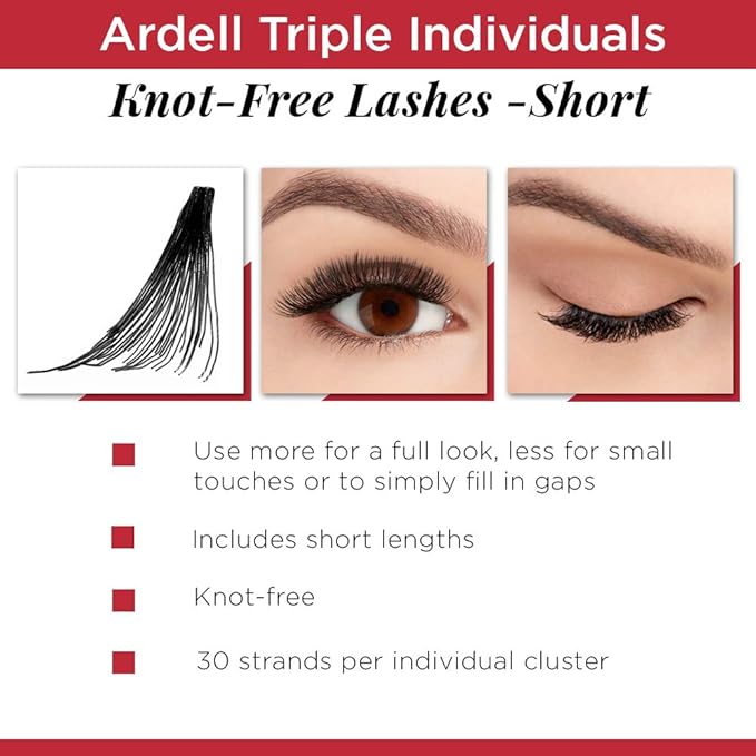 Ardell Triple Individual Lashes False Eyelashes - Knot-Free, Short Black, DIY Lash Clusters, Reusable Eyelash Extensions, 4 Pack