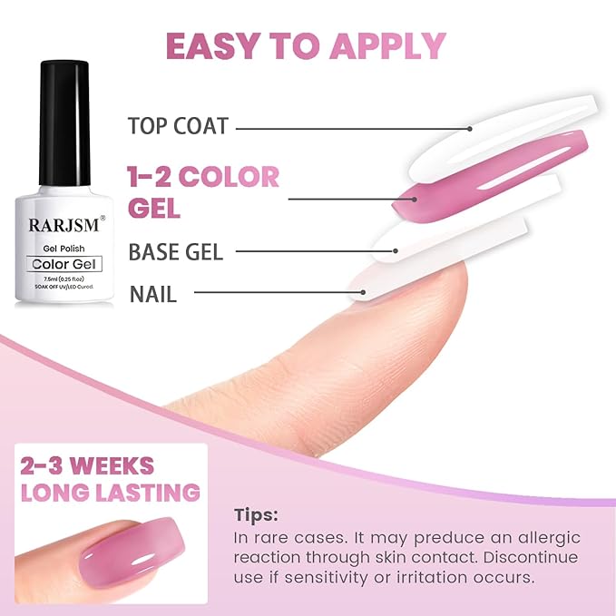 RARJSM Nude Pink Jelly Gel Nail Polish Set 6pcs Clear Crytal Stained Glass Purple Pink Series Transparent Sheer Amber Milky Gel Varnish LED UV Curing Requires Soak off French Manicure Home Salon